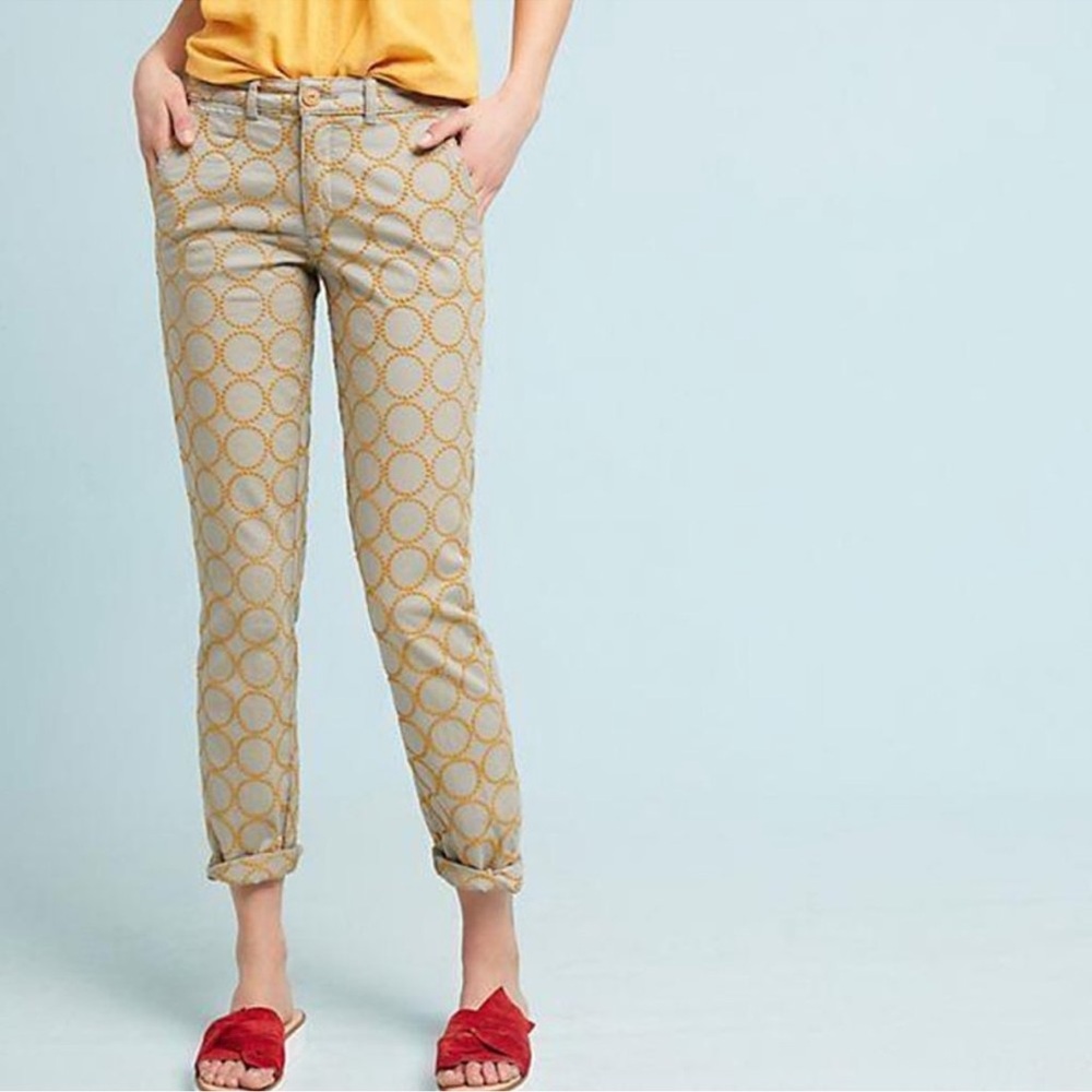 ANTHROPOLOGIE Relaxed Circle Embroidered
Chino Pants - Tan & Yellow - Sz 24